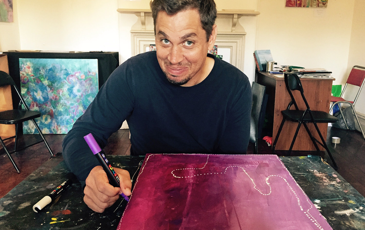 Artist Greg Barr creating an artwork in his studio, Fremantle